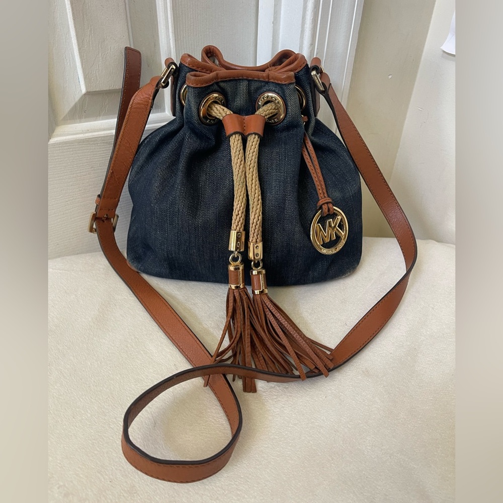 Michael Kors distressed Denim and Brown Leather Drawstring Crossbody Bucket Bag